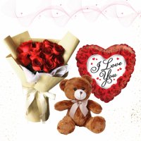 12 Red Rose w/Teddy Bear and Balloon